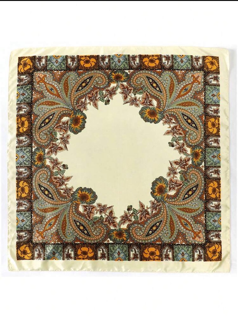 SHEIN Cream Paisley Floral Square Scarf with Brown & Green Accents